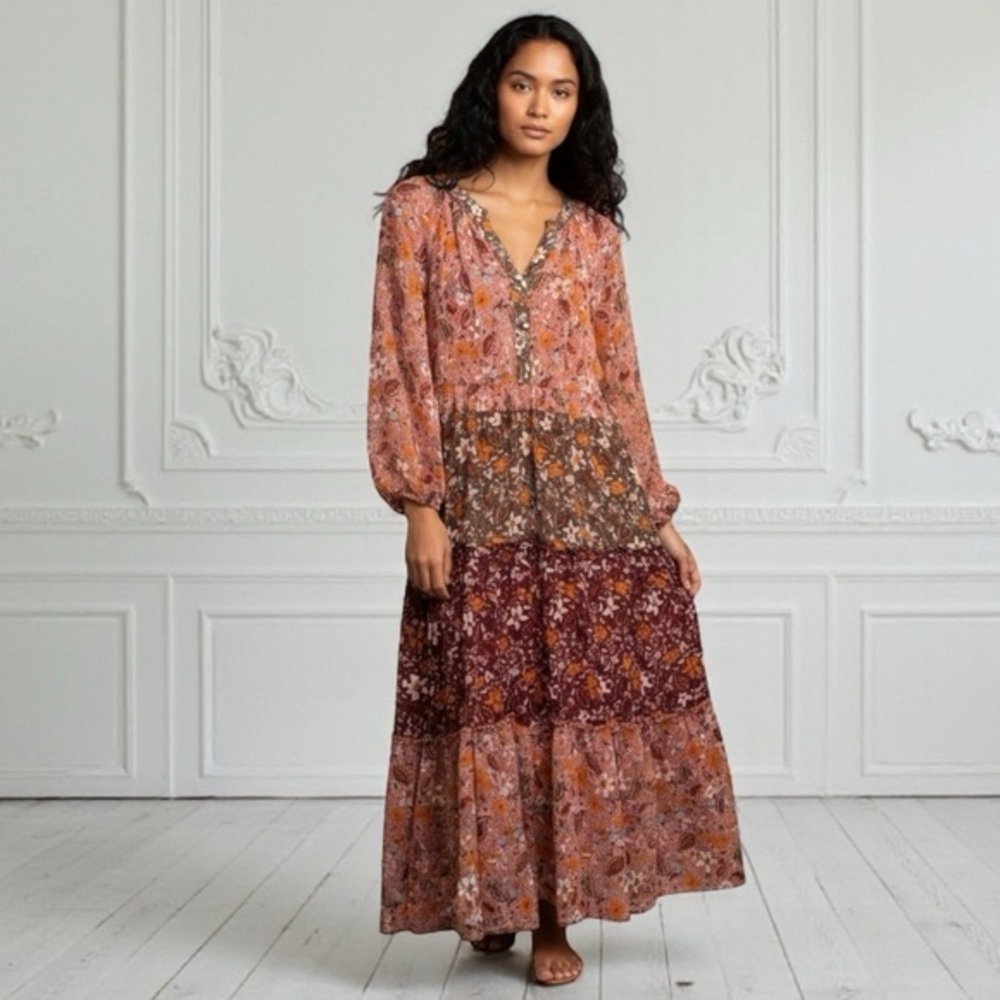 Figueroa & Flower Floral Tiered Maxi Dress Boho Cottagecore Size Large